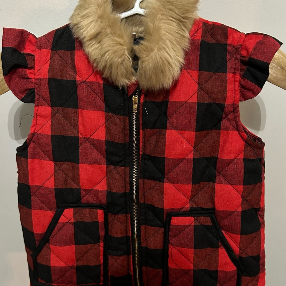 Red and Black Plaid Kids Jacket with Faux Fur Collar